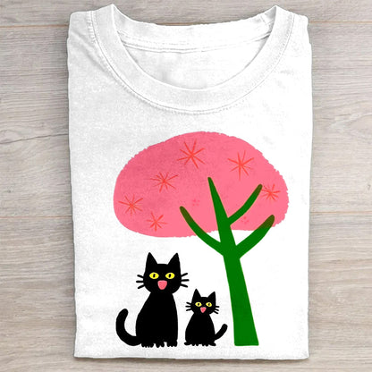 Cute Black Cats with Pink Tree Graphic T-Shirt