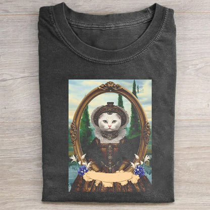 Vintage Black T-Shirt with Cat Portrait Art Print