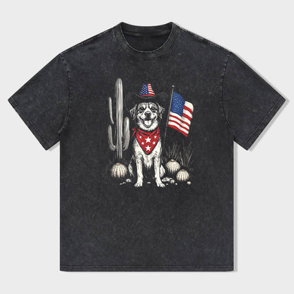 Patriotic Dog with American Flag and Cactus Graphic T-Shirt