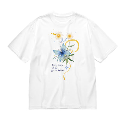 Blue Floral Design White T-Shirt
