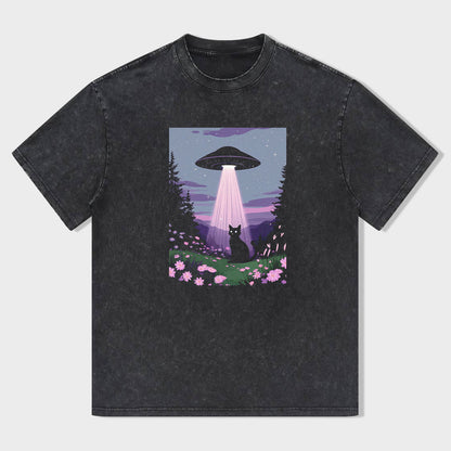 UFO Cat Forest Night Scene Graphic Tee T-Shirt