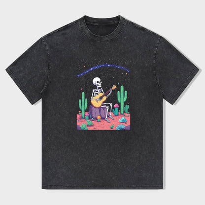Skull Playing Guitar Cactus Desert Night Scene Graphic T-Shirt