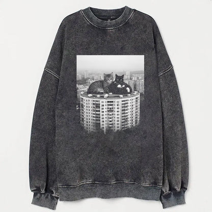 Black Graphic T-Shirt with Cat Print - Oversized Fit T-Shirt