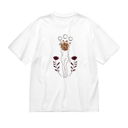 Women's Crew Neck White T-Shirt with Floral Lioness Design for Casual Wear