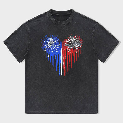 American Flag Heart Fireworks Graphic T-Shirt