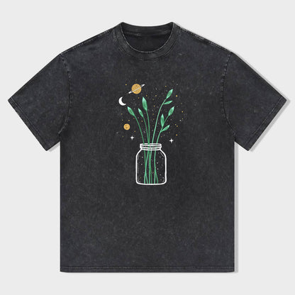Short Sleeve Black T-Shirt with Jar of Plants and Celestial Elements Print for Casual Wear