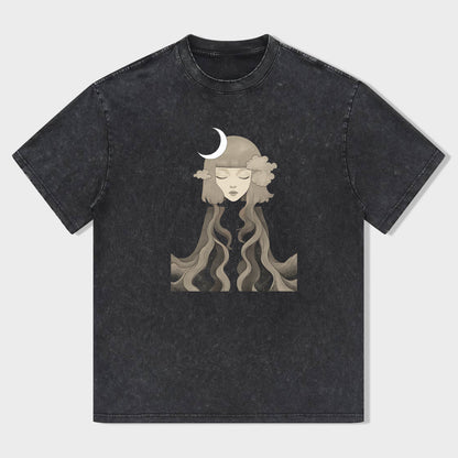 Short Sleeve Black T-Shirt with Celestial Goddess Print for Casual Wear