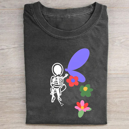 Skeleton with Butterfly Wings and Flowers Graphic T-Shirt
