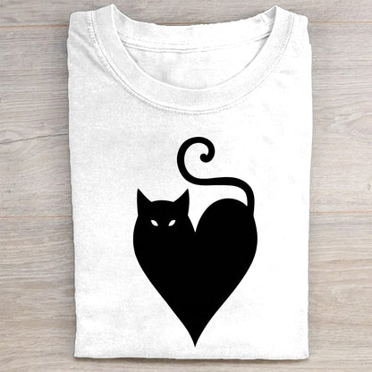 Black Cat Heart Design Graphic T-Shirt