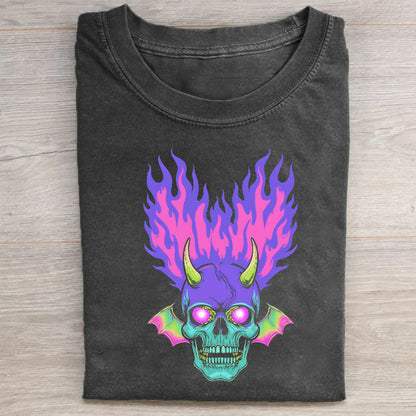 Unisex Crewneck Black T-Shirt with Purple Flame Skull Graphic for Casual Wear