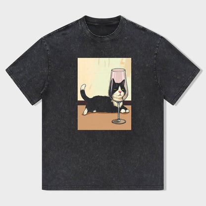 Cute Cat with Wine Glass Graphic T-Shirt