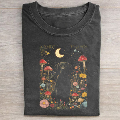 Black Dog in Floral Garden Graphic T-Shirt