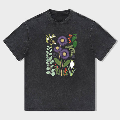 Classic Crew Neck T-Shirt Black Floral Bouquet Print for Casual Wear