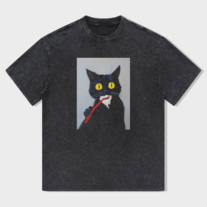 Black Cat with Toothbrush Graphic T-Shirt