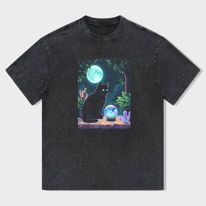 Mystical Cat Moonlight Forest Graphic T-Shirt