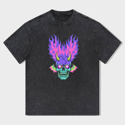 Unisex Crewneck Black T-Shirt with Purple Flame Skull Graphic for Casual Wear