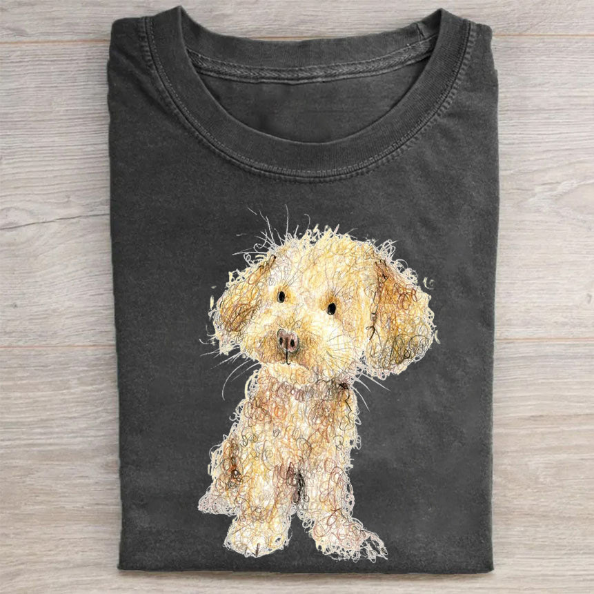 Cute Dog Scrawled Puppy Art Print Casual Short Sleeve T-Shirt