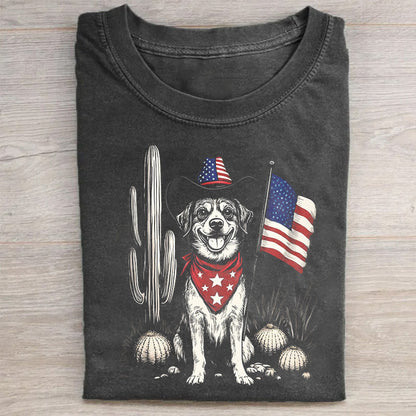 Patriotic Dog with American Flag and Cactus Graphic T-Shirt