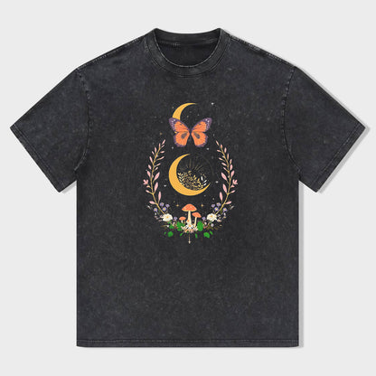 Short Sleeve Black T-Shirt with Crescent Moon Butterfly Floral Print for Casual Wear