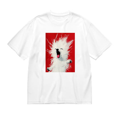 White T-Shirt with Red and White Abstract Art Print