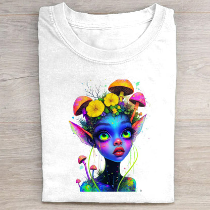 Colorful Fantasy Woman with Flowers and Mushrooms Art Print T-Shirt