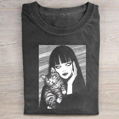 Black Graphic T-Shirt with Vintage Anime Girl and Cat Design for Women Men Unisex