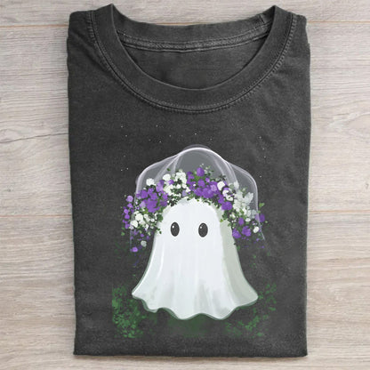 Cute Ghost with Purple Flowers Graphic T-Shirt