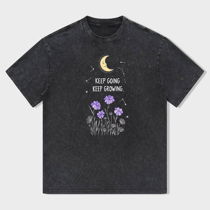Short Sleeve Black T-Shirt with Keep Going Keep Growing Moon and Flowers Print for Casual Wear