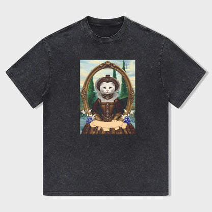 Vintage Black T-Shirt with Cat Portrait Art Print