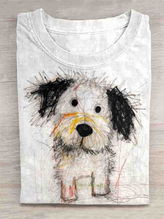 Cute Dog Scrawled Puppy Art Print Casual Short Sleeve T-Shirt