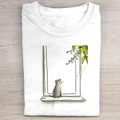 Cute Cat by Window with Lilies of the Valley Print T-Shirt