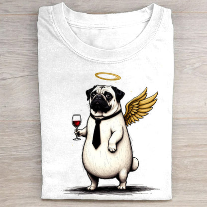 Angel Pug with Wine Glass Graphic T-Shirt