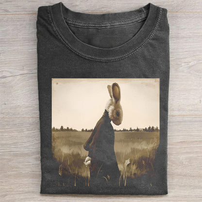 Rabbit Art Print Round Neck Short Sleeve T-Shirt