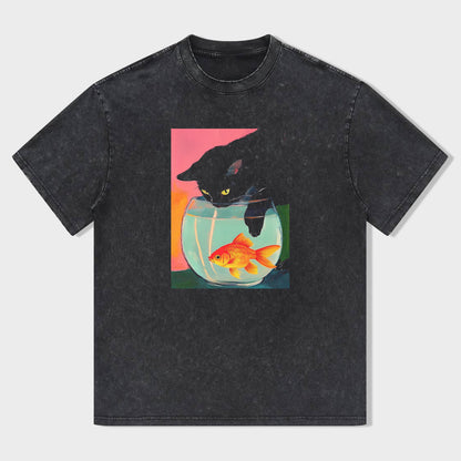 Black T-Shirt with Cat and Goldfish Bowl Graphic Design T-Shirt