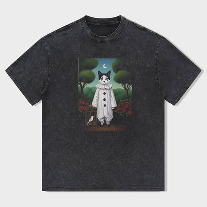 Vintage Black T-Shirt with Cute Cat Clown Graphic Print
