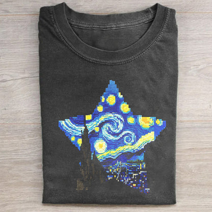 Short Sleeve Black T-Shirt with Starry Night Star Print for Casual Wear