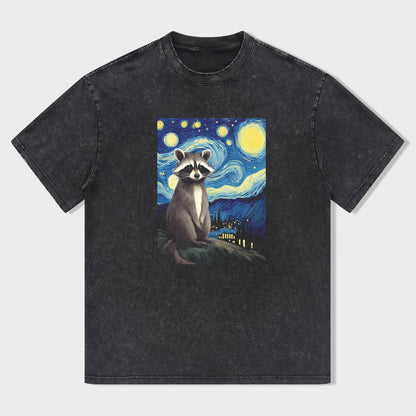 Short Sleeve Black T-Shirt with Raccoon Starry Night Print for Casual Wear