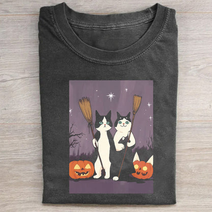 Halloween Cat Pumpkin Graphic Tee for Women Men Unisex Casual Cotton T-Shirt