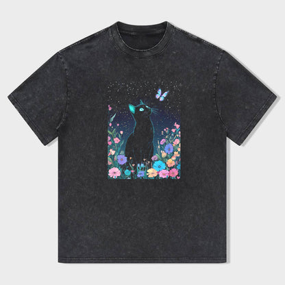 Black Cat in Garden Graphic T-Shirt