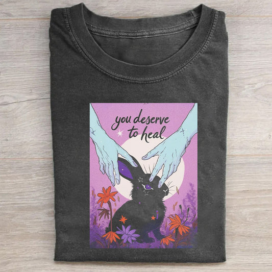 Vintage T-Shirt Black You Deserve to Heal Bunny with Wings and Flowers Print for Casual Wear