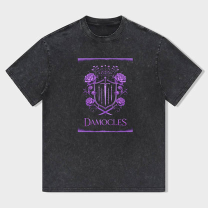 Damocles Graphic T-Shirt with Purple Heraldic Design Men's Fashion Tee