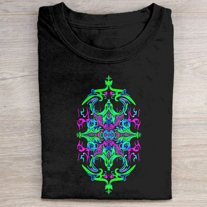 Black T-Shirt with Neon Green and Purple Ornate Graphic Design