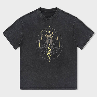 Round Neck Black T-Shirt with Golden Mystic Symbol Print for Casual Wear