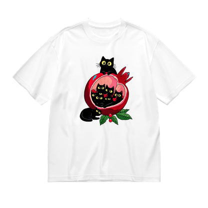 Cute Black Cat on Pomegranate Graphic T-Shirt