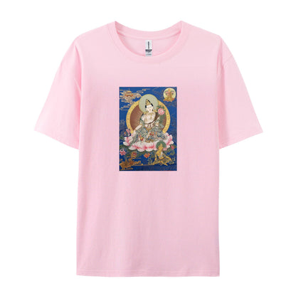 Buddhist Thangka Art T-Shirt for Men Women - White Cotton Tee with Traditional Tibetan Lotus Flower Design - Comfortable Casual Wear for Yoga Meditation and Daily Use