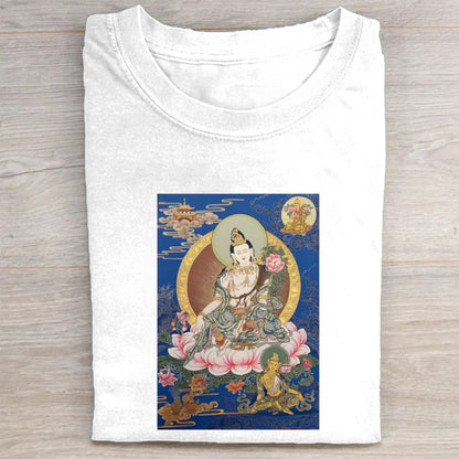 Buddhist Thangka Art T-Shirt for Men Women - White Cotton Tee with Traditional Tibetan Lotus Flower Design - Comfortable Casual Wear for Yoga Meditation and Daily Use