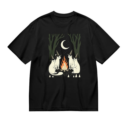 Black Graphic T-Shirt with Cats Around Campfire Design - Unisex T-Shirt