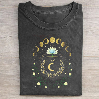 Mystical Moon Phases Lotus Flower Graphic T-Shirt