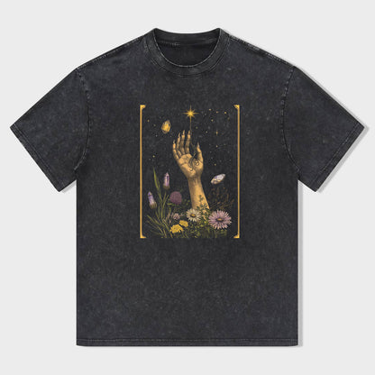 Mystical Hand Reaching for Star Floral Print Graphic T-Shirt