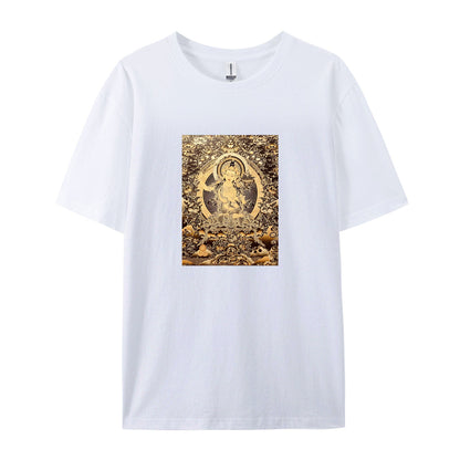 Buddhist Deity Art Print T-Shirt for Men Women  Spiritual Meditation Clothing  Unique Design Graphic Tee  Comfortable Casual Wear  Gold and Brown Pattern Top